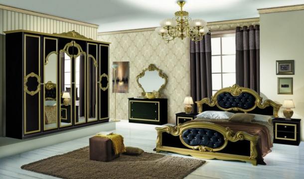 Dormitor Barocco Nero, negru/auriu, pat 160x200 cm