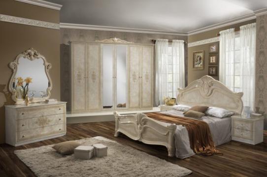 Dormitor Amalfi, Bej, pat 160x200 cm, dulap cu 6 usi, comoda