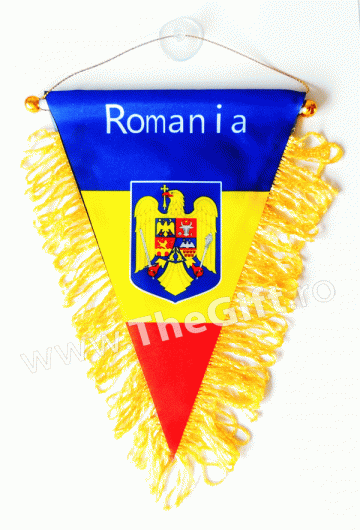 Fanion tricolor Romania, cu stema, triunghiular de la Thegift.ro - Cadouri Online