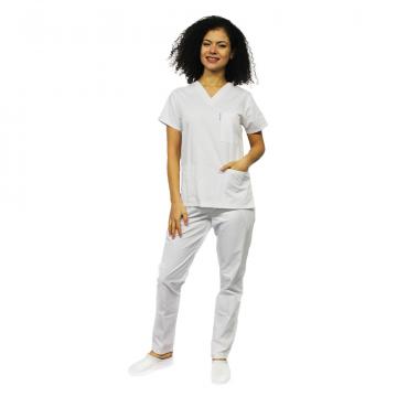 Costum medical alb cu bluza cu anchior forma V si pantalon