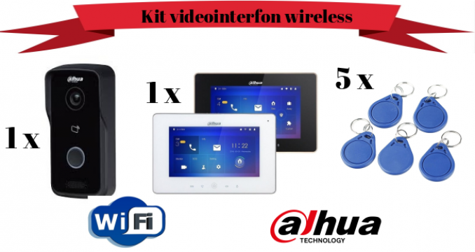 Kit videointerfon IP wireless Dahua VTO2111D-W + VTH5221DW