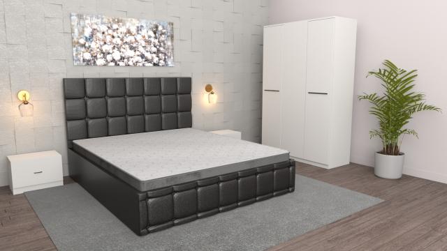 Dormitor Regal negru alb cu dulap 3 usi alb, pat matrimonial