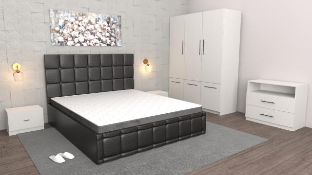 Dormitor Regal negru alb cu comoda tv alba, pat matrimonial de la Wizmag Distribution Srl