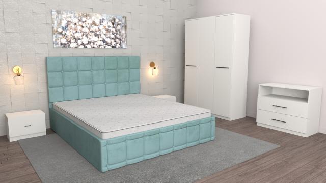 Dormitor Regal turcoaz alb cu comoda TV alba de la Wizmag Distribution Srl