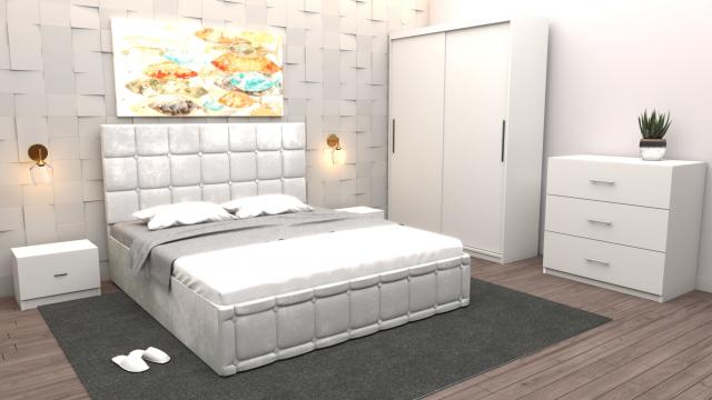 Dormitor Regal cu pat tapitat alb stofa cu dulap usi de la Wizmag Distribution Srl