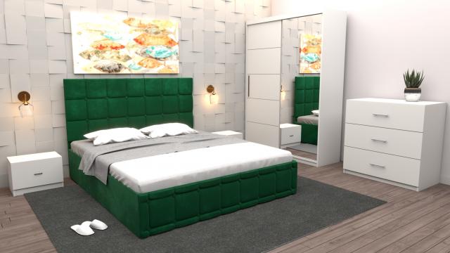 Dormitor Regal cu pat tapitat verde stofa cu dulap usi