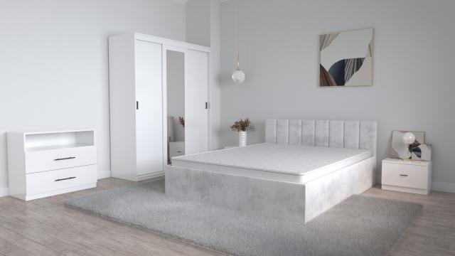 Set dormitor Oliver alb cu pat tapitat alb murdar de la Wizmag Distribution Srl