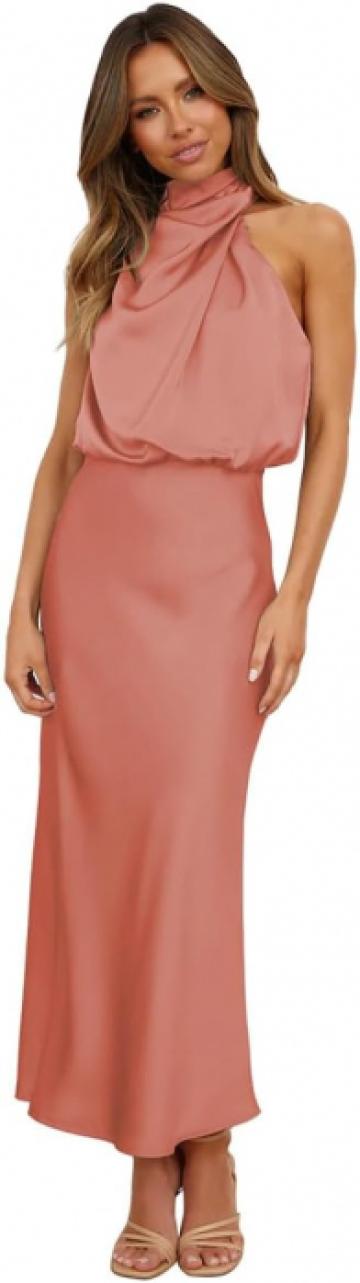 Rochie lunga eleganta din satin, fara maneci, crem piersica de la Molifag Srl