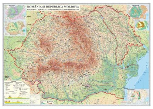 Harta fizica, administrativa Romania si Republica Moldova