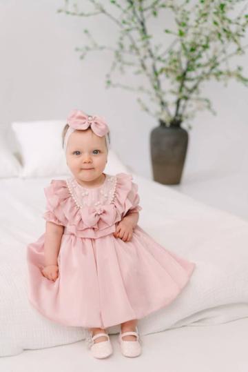 Rochita botez Cora - roz-vintage (maneca scurta)